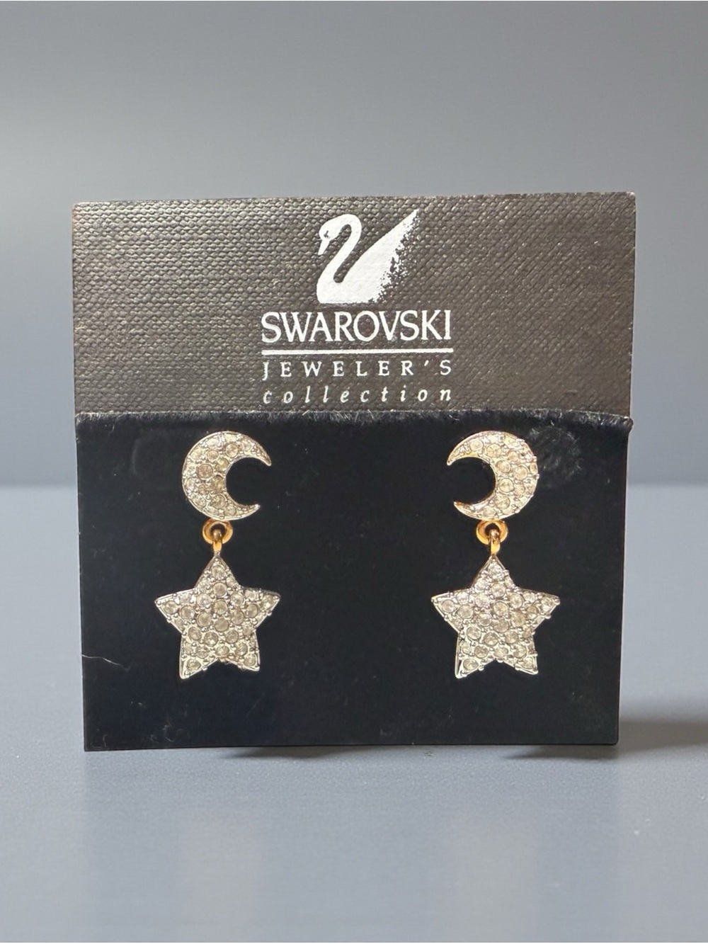 Vintage Swarovski Moon Star Crystal Drop Earrings Celestial Gold Tone Y2K